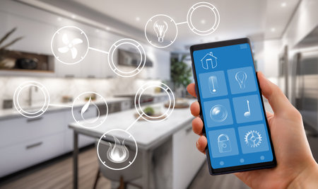 Smart home technology interface on smartphone app. Screen with augmented reality view of internet of things connected objects in the apartment interior. Person is holding device.の写真素材