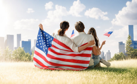 Patriotic holiday. Happy family, parents and daughter child girl with American flag outdoors. The USA celebrate 4th of July.の写真素材
