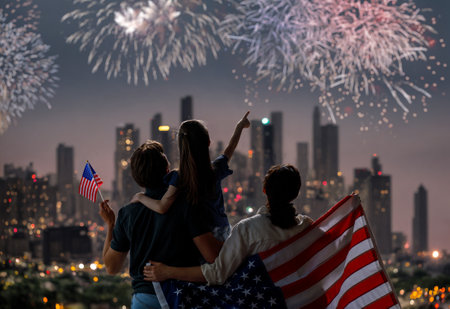 Patriotic holiday. Happy family, father, mother and daughter child girl with American flag looking at fireworks on city landscape background. USA celebrate 4th of July.の写真素材