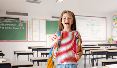 Pupil of primary school. Girl with backpacks indoors. Beginning of lessons. First day of fall.の写真素材