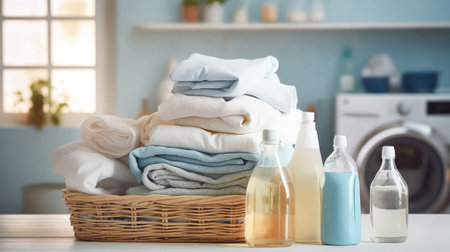 Wicker basket with clothing in the laundry room. Generative AIの素材