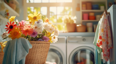 Wicker basket with clothing in the laundry room. Generative AIの素材