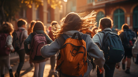 Group of kids running and hurrying to the school, back view.  The new academic semester year starts. Generative AIの素材