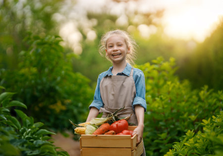 Happy little farmer kid arranging freshly picked produce into a crate on an organic farm.の写真素材