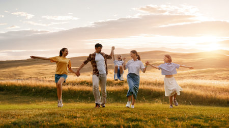 Happy family at sunset. Father, mother and children are running, having fun and enjoying summer evening.の写真素材
