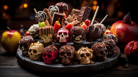 Halloween sweets. Table with festive sweets and desserts. Generative AIの素材