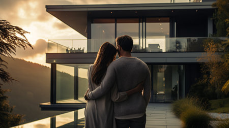 Happy couple standing outside and looking for their new house at sunset. Generative AIの素材