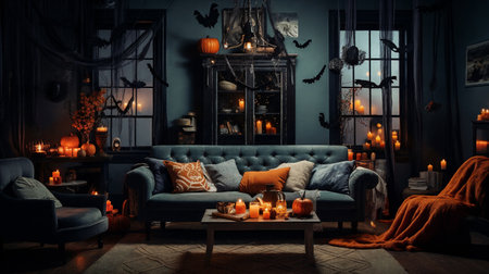 Living room is decorated In The Spooky Night Halloween style. Generative AIの素材