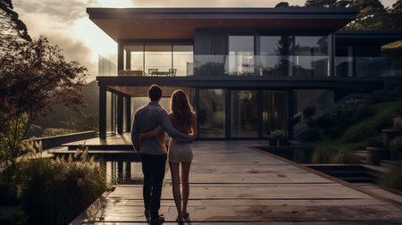 Happy couple standing outside and looking for their new house at sunset. Generative AIの素材