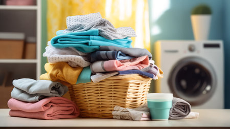 Wicker basket with clothing in the laundry room. Generative AIの素材
