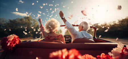 Happy senior couple driving on country road into the sunset in classic vintage sports car. Generative AIの素材