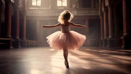 Cinematic shot of cute little girl dreaming of becoming a ballerina. Child girl in a tutu dancing on the stage. Generative AIの素材