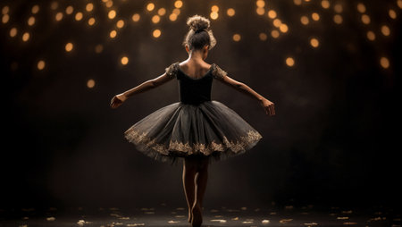 Cinematic shot of cute little girl dreaming of becoming a ballerina. Child girl in a tutu dancing on the stage. Generative AIの素材