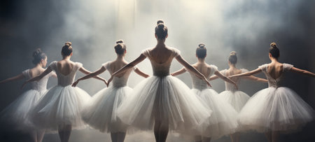 Cinematic shot of beautiful ballerinas in ballet dresses standing in the dark of the stage. Generative AIの素材