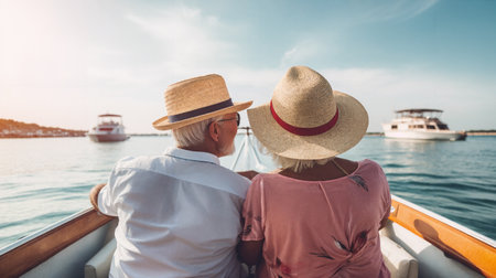 Happy senior couple enjoying trip from the deck of the sailing boat moving in a sea. Generative AIの素材