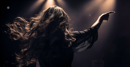 Beautiful singing girl standing in the dark of the stage. Generative AIの素材