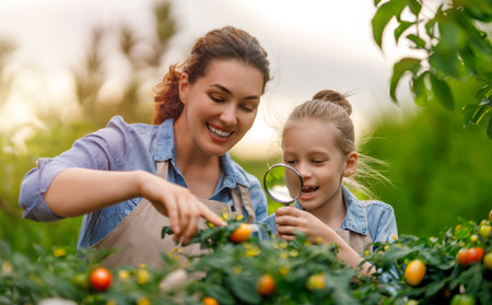 Happy mother and daughter gardening in the backyard. Kid helping her mom and learning botany.の写真素材