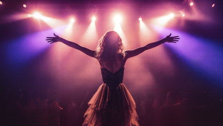 Beautiful singing girl standing in the dark of the stage. Generative AIの素材