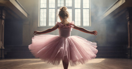 Cinematic shot of cute little girl dreaming of becoming a ballerina. Child girl in a tutu dancing on the stage. Generative AIの素材