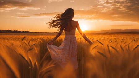 Happy young woman in front of a sunset agricultural landscape. Girl in a countryside field. Generative AIの素材