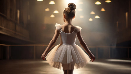 Cinematic shot of cute little girl dreaming of becoming a ballerina. Child girl in a tutu dancing on the stage. Generative AIの素材