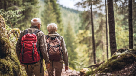 Travelers couple walking in the forest. Active life concept. Generative AIの素材
