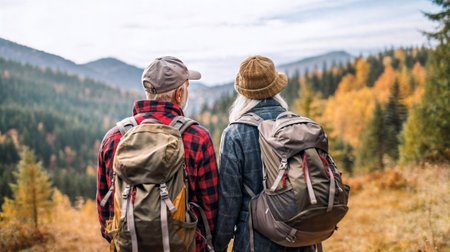 Travelers couple walking in the forest. Active life concept. Generative AIの素材