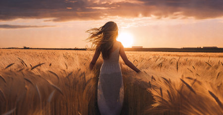 Happy young woman in front of a sunset agricultural landscape. Girl in a countryside field. Generative AIの素材