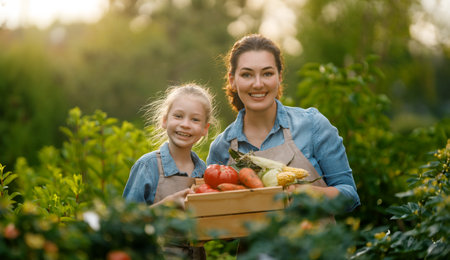 Happy mother and daughter gardening in the backyard organic garden. Kid and mom picking fresh vegetables and learning botany.の写真素材