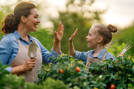 Happy mother and daughter gardening in the backyard. Kid helping her mom and learning botany.の写真素材