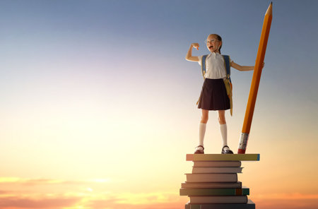 Back to school! Happy cute industrious child standing on the tower of books and holding a huge pencil on background of sunset sky. Concept of education and reading. The development of the imagination.の写真素材