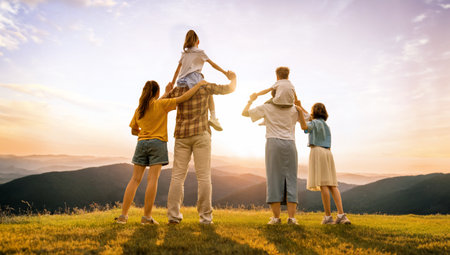 Happy family at sunset. Father, mother and children are enjoying summer evening.の写真素材