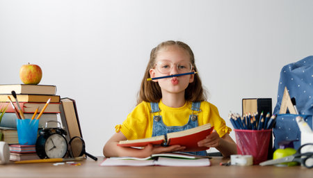 Back to school! Happy cute industrious child is sitting at a desk indoors. Kid is learning in class or lesson.の写真素材