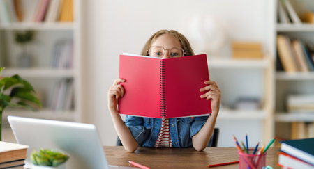 Back to school. Happy child is sitting at desk. Girl doing homework or online education.の写真素材
