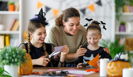 Happy family preparing for Halloween. Mother and children in carnival costumes at home.の写真素材