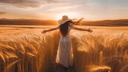 Happy young woman in front of a sunset agricultural landscape. Girl in a countryside field. Generative AIの素材