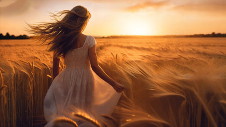 Happy young woman in front of a sunset agricultural landscape. Girl in a countryside field. Generative AIの素材