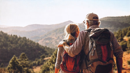 Travelers couple walking in the forest. Active life concept. Generative AIの素材