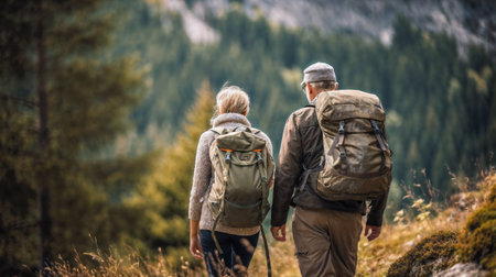 Travelers couple walking in the forest. Active life concept. Generative AIの素材