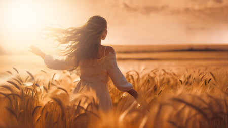 Happy young woman in front of a sunset agricultural landscape. Girl in a countryside field. Generative AIの素材
