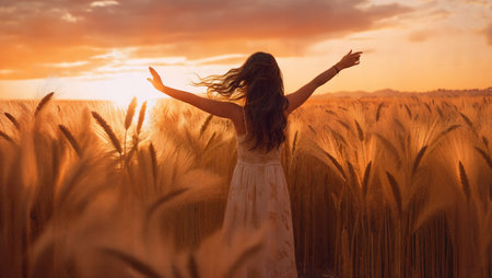Happy young woman in front of a sunset agricultural landscape. Girl in a countryside field. Generative AIの素材
