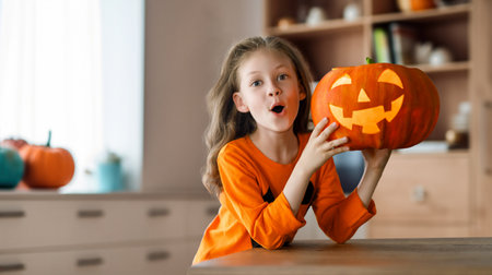Cute little child girl with carving pumpkin. Happy family preparing for Halloween.の写真素材