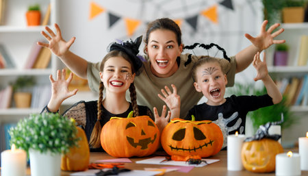 Happy family preparing for Halloween. Mother and children in carnival costumes at home.の写真素材