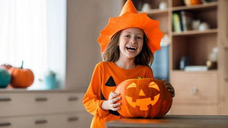 Cute little child girl with carving pumpkin. Happy family preparing for Halloween.の写真素材