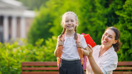 Parent and kid going to school. Woman and girl with backpack behind the back. Beginning of lessons.の写真素材