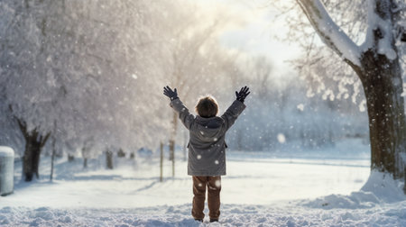Happy child playing with snowflakes on a winter walk in nature. Generative AIの素材