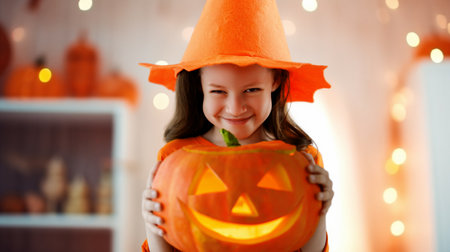 Cute little child girl with carving pumpkin. Happy family preparing for Halloween.の写真素材