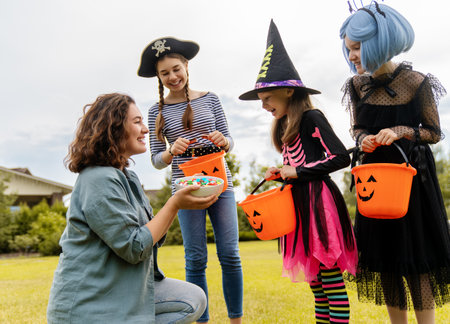 Happy people celebrating Halloween. Adult is treating with sweets children outdoors.の写真素材