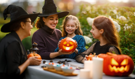 Happy family preparing for Halloween. Mother, grandmother and children carving pumpkins in the backyard of the house.の写真素材