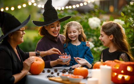 Happy family preparing for Halloween. Mother, grandmother and children carving pumpkins in the backyard of the house.の写真素材